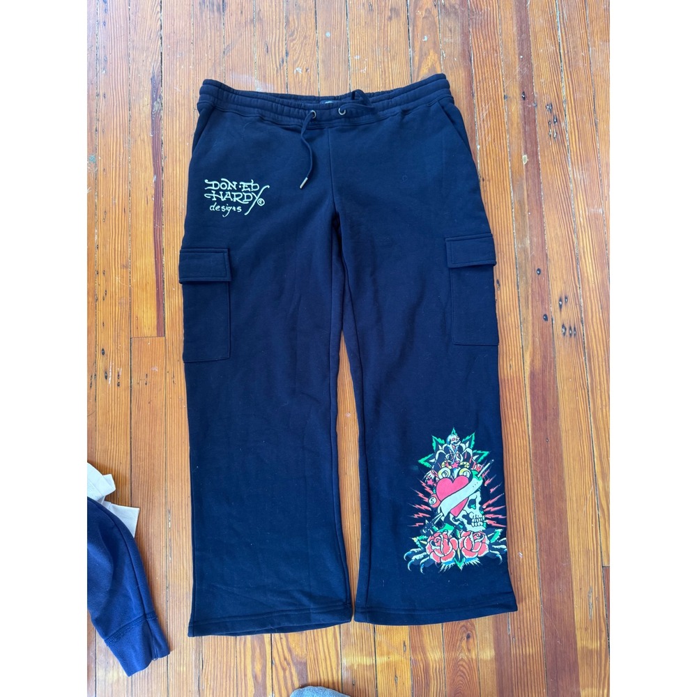 Ed Hardy Mens XXL Black Cargo Sweatpants Skull Heart Tattoo Graphic Wide Leg